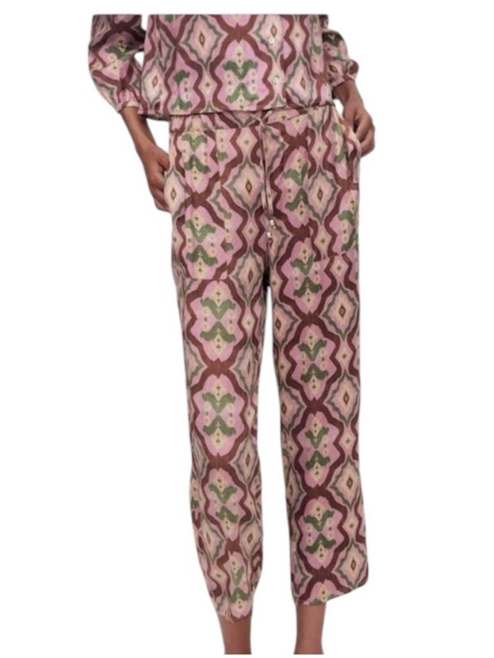 Zara Satin Viscose Elastic Waist Drawstring Pants Size M Geometric Pink Boho